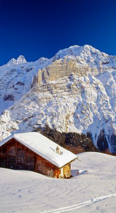 Romantische, schneebedeckte Holzhütte vor dem Schreckhorn im tiefen, kalten Winter des Berner Oberlands in den Schweizer Alpen.