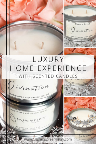 Divination type soy way candle, text says "Luxury Home Experience with scented candles".